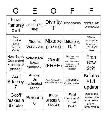 Summer Game Fest 2026 Bingo Card