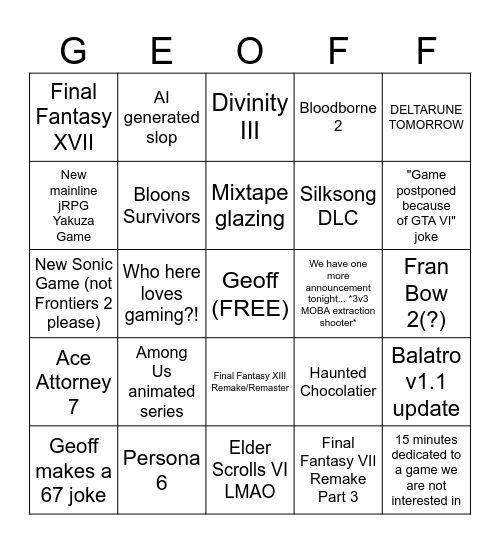 Summer Game Fest 2026 Bingo Card