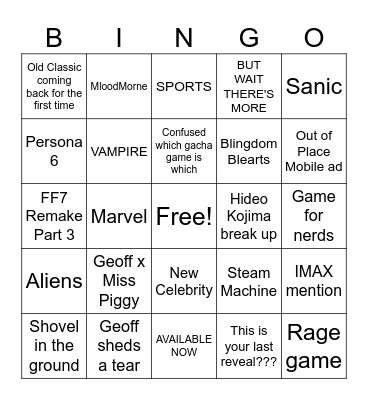 Summer Game Fest Bingo Card