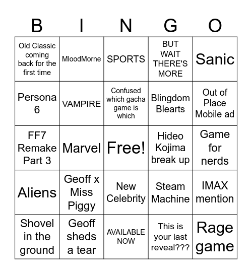 Summer Game Fest Bingo Card