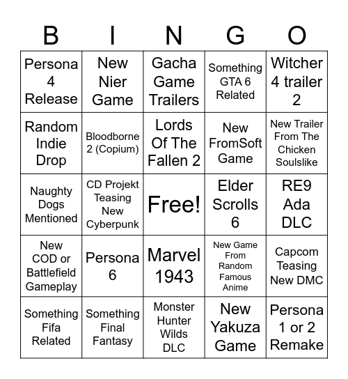 Summer Game Fest 2026 Bingo Card
