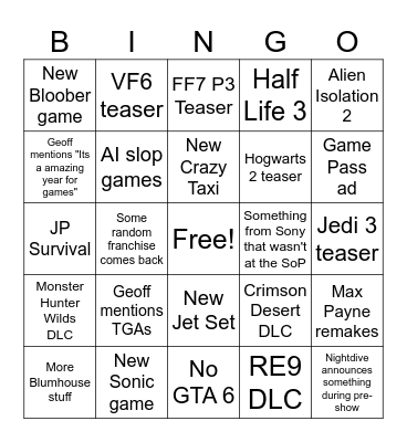 Summer Games Fest 2026 Edited Bingo Card