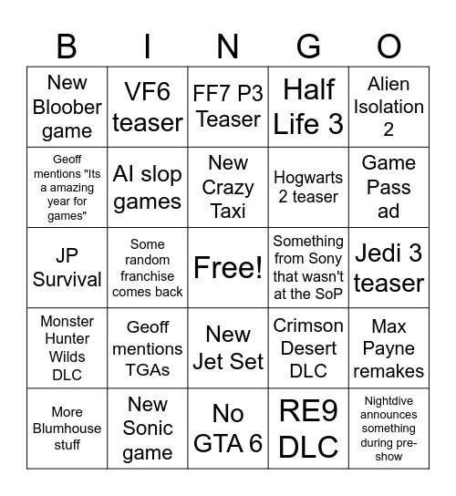 Summer Games Fest 2026 Edited Bingo Card