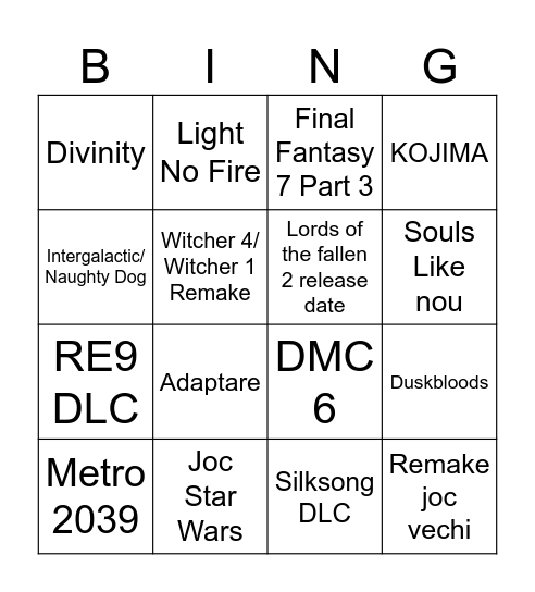 Summer game fest Bingo Card