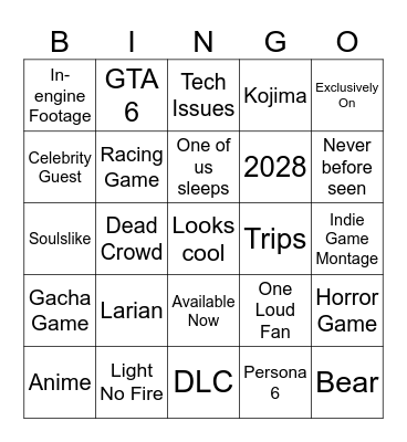 Summer Game Fest 2026 Bingo Card