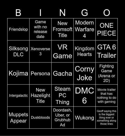 Summer Game Fest 2026 Bingo Card
