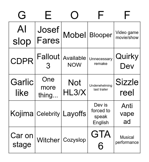 Summer Games Fest 2026 Bingo Card
