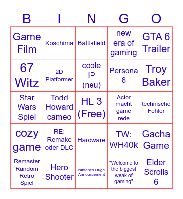Gamer Bingo Card