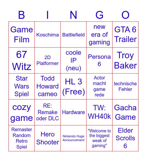 Gamer Bingo Card