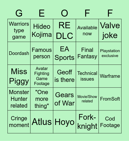 Summer Game Fest Bingo Card