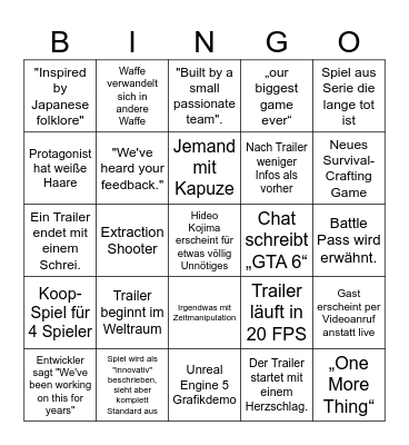 Video Game Fest 2026 Bingo Card