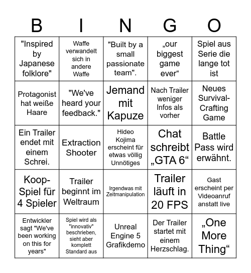 Video Game Fest 2026 Bingo Card
