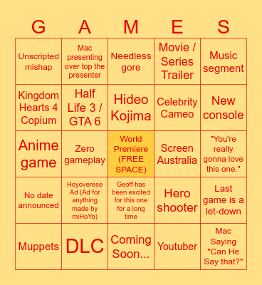 Summer Game Fest Greasy Bingo 2026 Real And True And Awesome Bingo Card