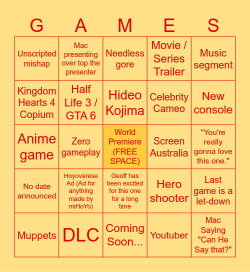Summer Game Fest Greasy Bingo 2026 Real And True And Awesome Bingo Card