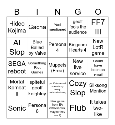 Summer Games Fest Bingo Card