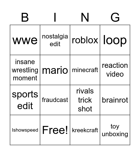 YouTube Shorts Bingo Card