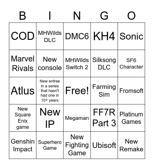 gameshow Bingo Card
