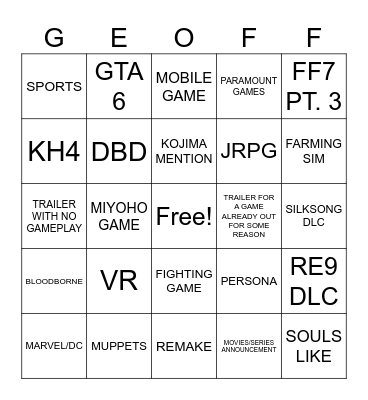 SUMMER GAME FEST 2026 Bingo Card