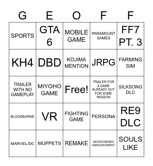 SUMMER GAME FEST 2026 Bingo Card