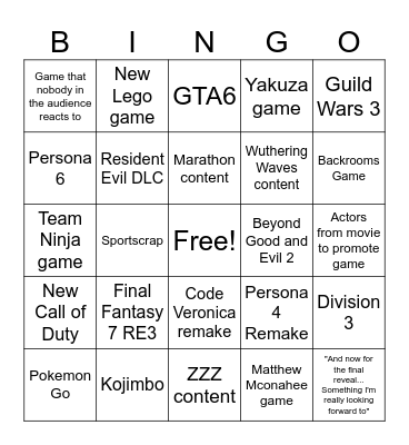 Summer Games Fest Bingo Card