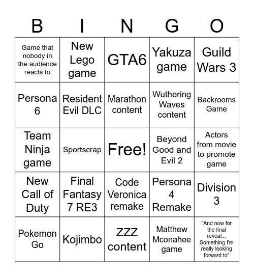 Summer Games Fest Bingo Card