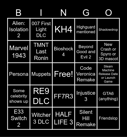 Summer Game Fest 2026 Bingo Card