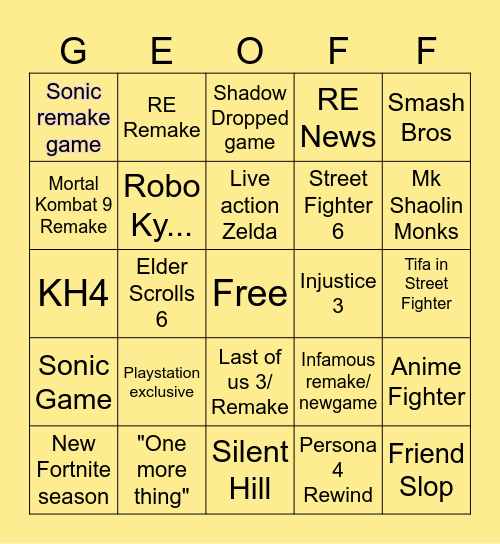Summer Game Fest Bingo Card