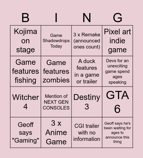 Summer Games Fest 2026 Bingo Card