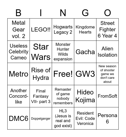 Summer Game Fest Copium 2: Electric Boogaloo Bingo Card