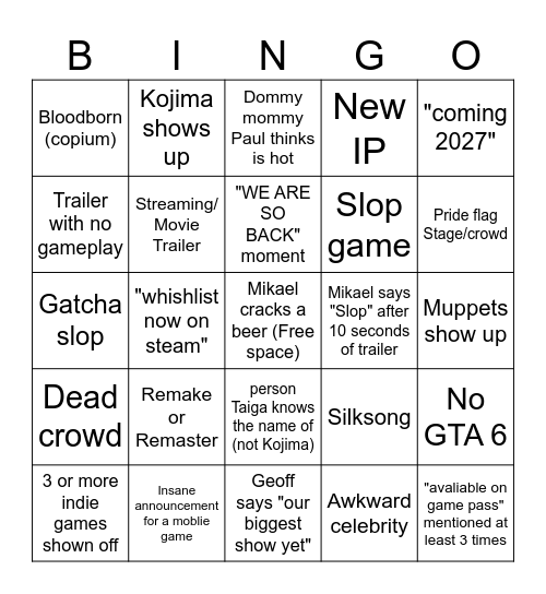 Summer games fest 2026 Bingo Card