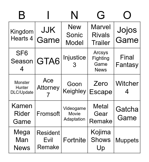 Summer Game Fest Bingo Card