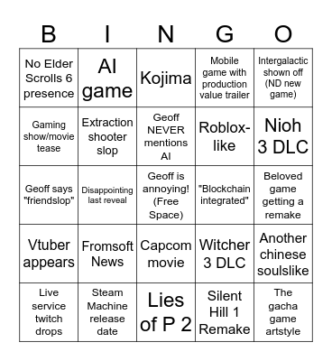 Summer Games Fest 2026 Bingo Card