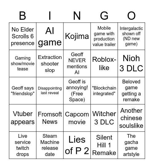 Summer Games Fest 2026 Bingo Card