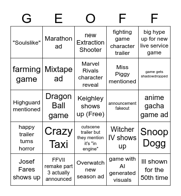 Geoff's Summer Lames Fest Bingo Card