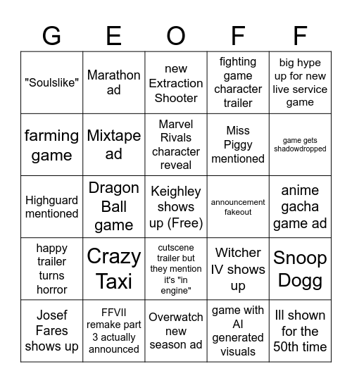 Geoff's Summer Lames Fest Bingo Card