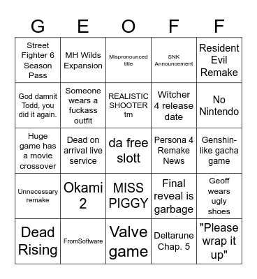 Summer Games Fest Shitshow Bonanza! Bingo Card