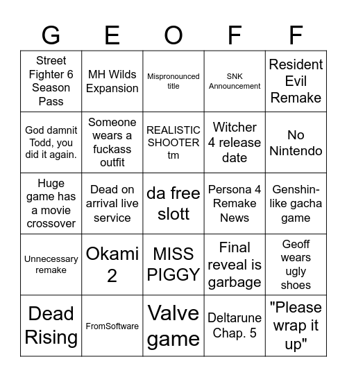Summer Games Fest Shitshow Bonanza! Bingo Card