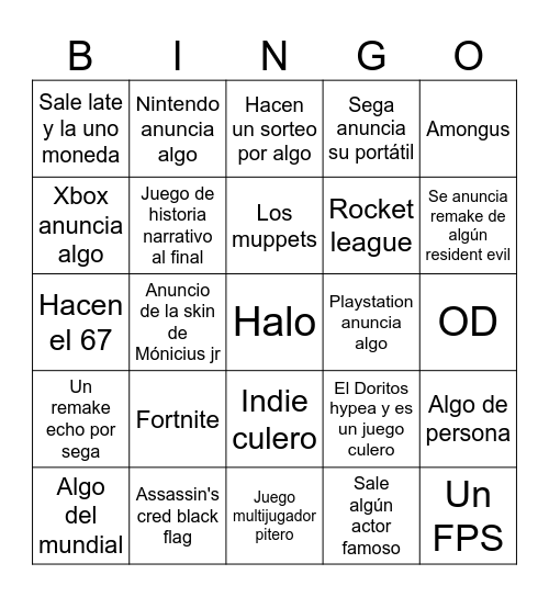 Summer Game fest Bingo Card