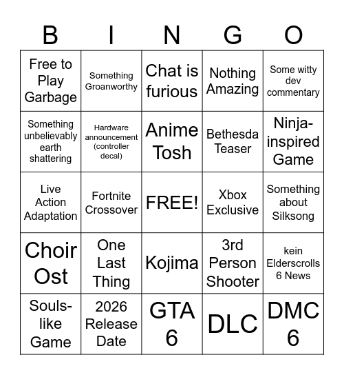 Summer Game Fest Bingo Card
