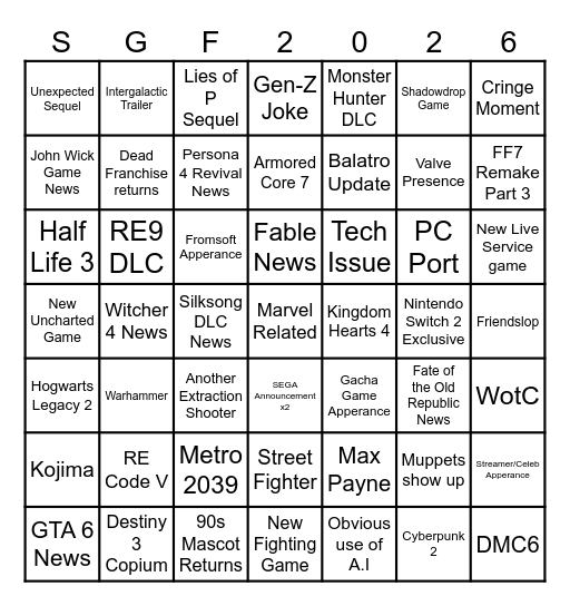 Summer Game Fest 2026 Bingo Card