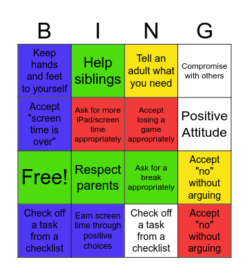 Jay Jay's Behavior Bingo Card
