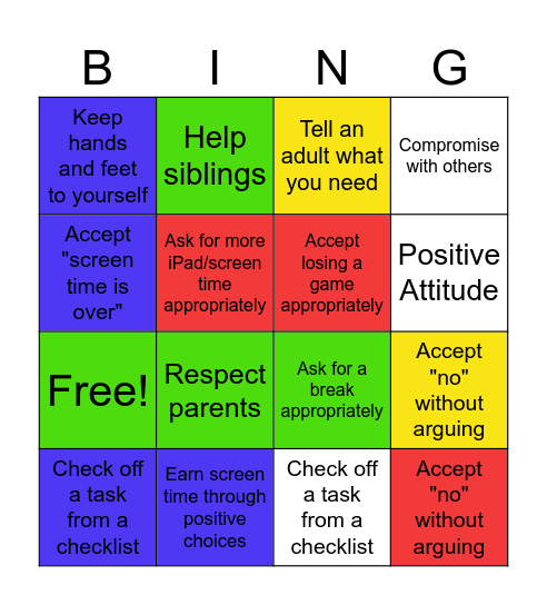 Jay Jay's Behavior Bingo Card