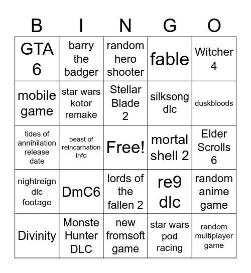 Summer Game Fest 2026 Bingo Card