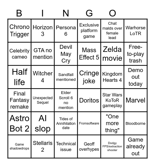 Summer Games Fest 2026 Bingo Card