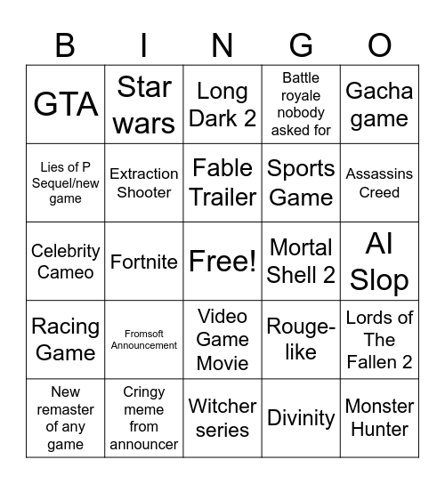 Summer Game Fest 2026 Bingo Card