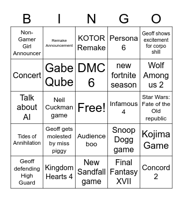 Summers Game Fest Bingo Card