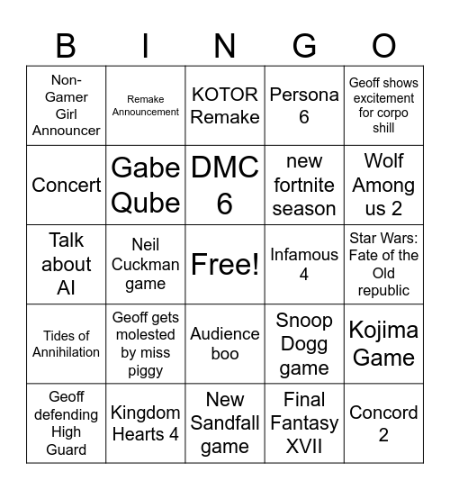 Summers Game Fest Bingo Card