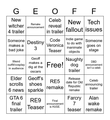 Summer Gamefest Bingo Card