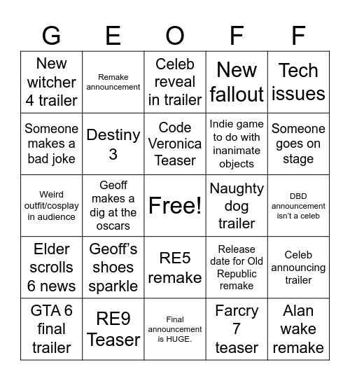 Summer Gamefest Bingo Card