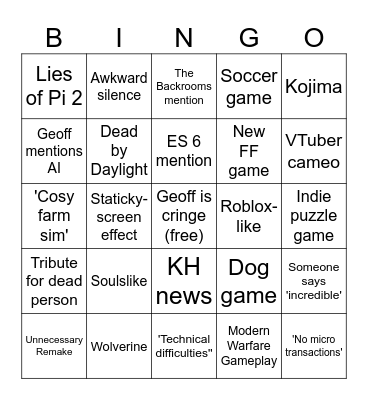 Games Fest Bingo Card